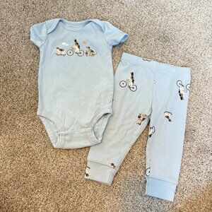 Pekkle 2 piece Baby Outfit Pants Short Sleeve Light Blue Dogs Bike Size 6 months